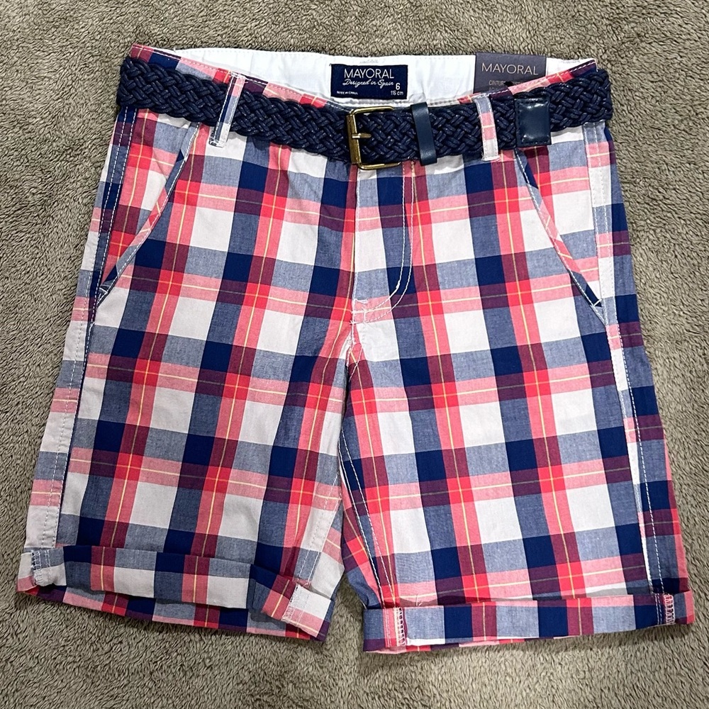 NWT Mayoral Boys Red White & Blue Plaid Shorts Size 6 with Blue Braided Belt